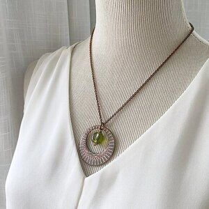 Round Copper Textured Pendant, Green Faceted Glass Bead, Resin Coated Necklace